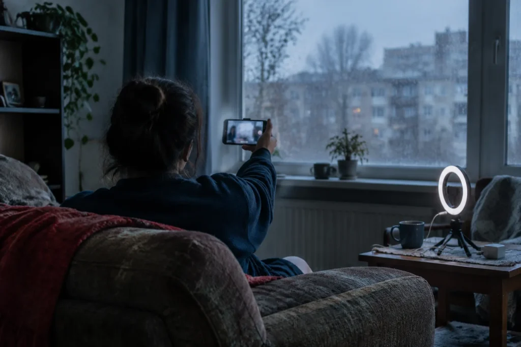Norskur og finnskur áhrifavaldur sektaðir fyrir auglýsingar um ólögleg fjárhættuspil Persóna séð að aftan á sófa, heldur á síma og streymir; skjár með óskiljanlegum formum