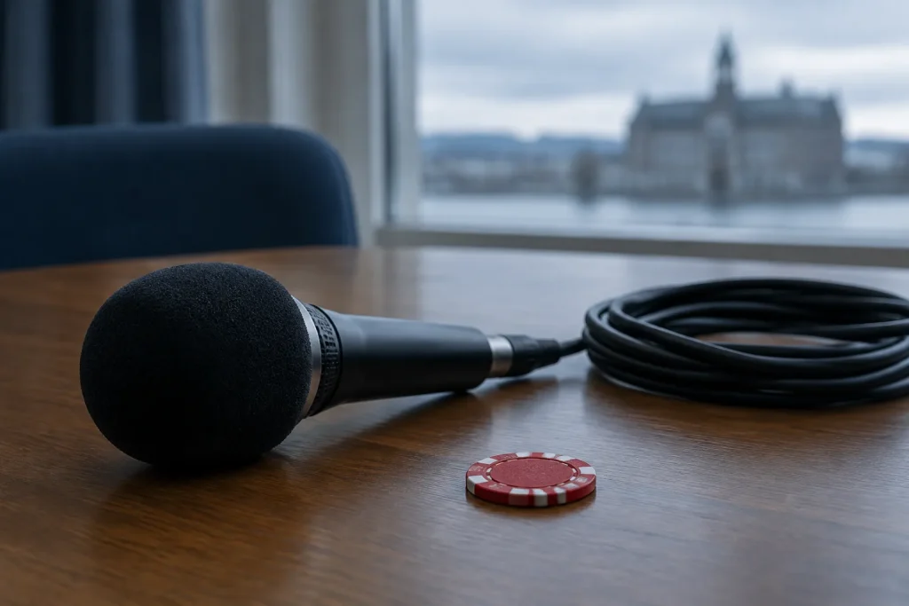 Frumvarp um að leggja niður Fjölmiðlanefnd komið til þingnefndar Nærmynd af hljóðnemu og einum pókaspili á tréborði í daufu síðdegisljósi; engir textar eða merki.